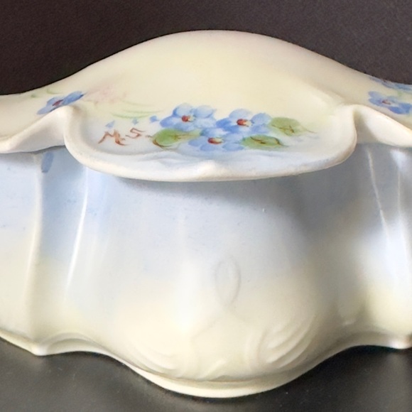 Antique RS Germany Trinket Dish Powder Jar Blue Flowers Hand Painted Signed M.S. - Picture 3 of 15